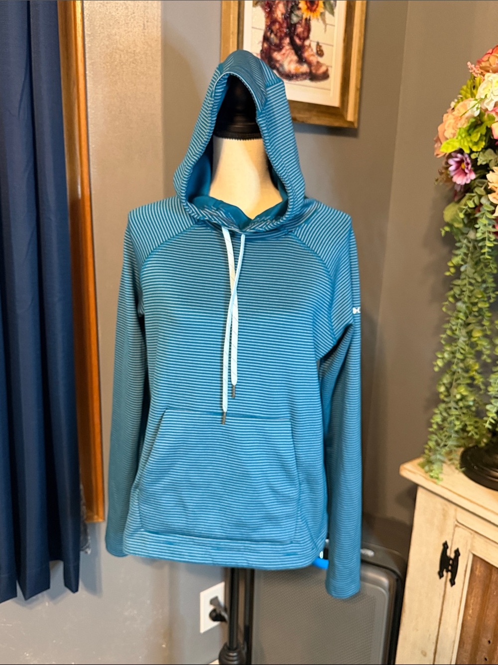 Women's Blue Striped Hooded Pullover Sweatshirt